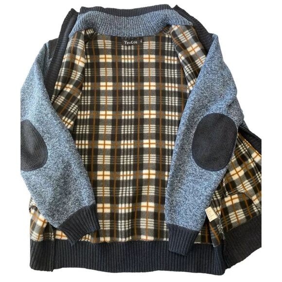 YeoKou Men’s Cardigan Blue Full Zip Cashmere Wool Blend Plaid Lined Size L - Picture 4 of 12